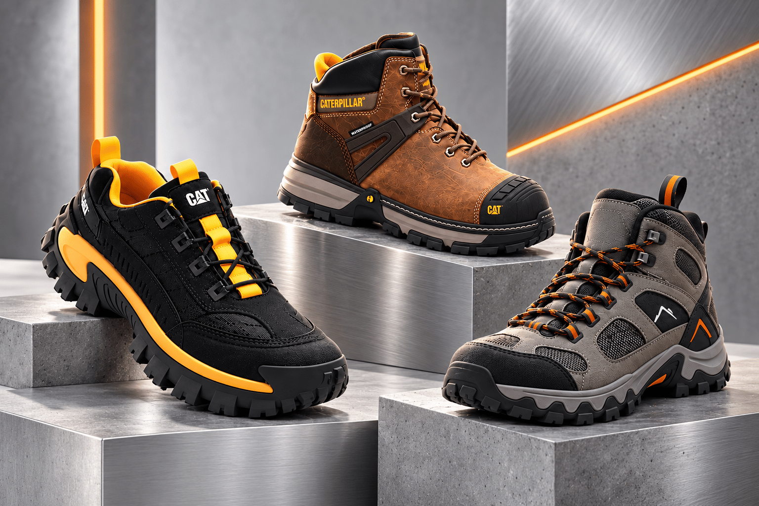 Tres calzados sport, industrial y trekking sobre plataformas plateadas con iluminación anaranjada.